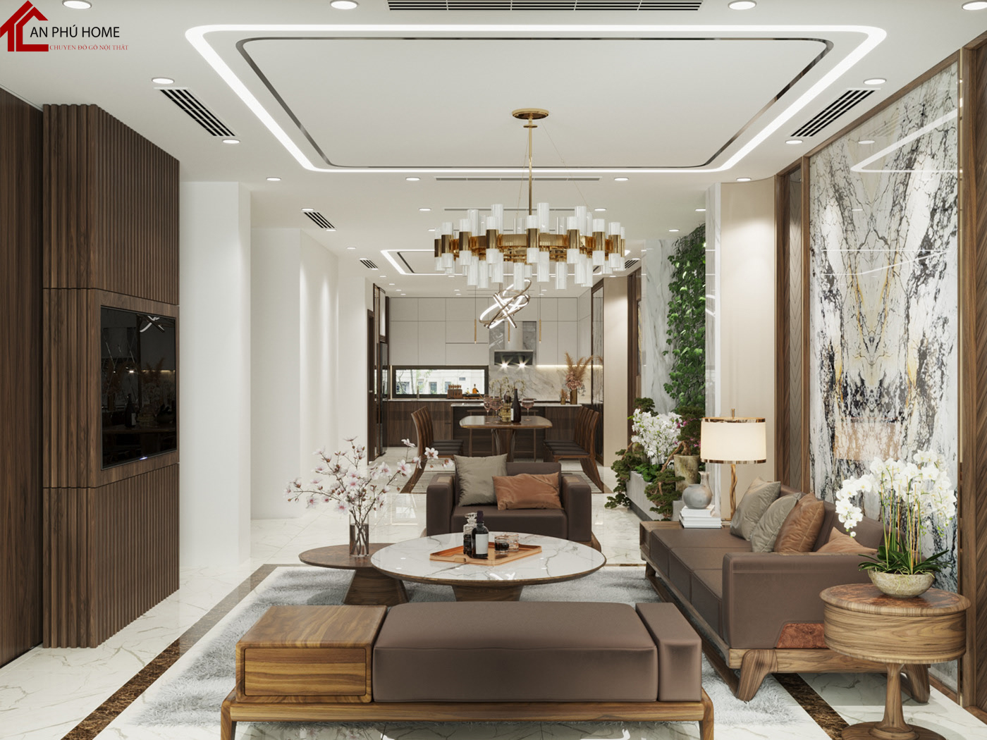 mẫu phòng khách cho biệt thự gỗ óc chó